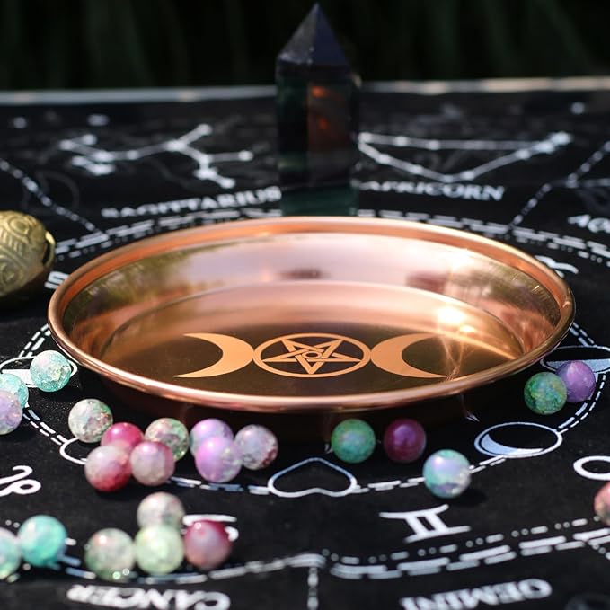 Copper Offering Bowl Prayer Ritual Plate Great for Altar,Witches,Incense Burner, smudging Bowl, Offering Dish,Candle Trays, Ash Catcher,Jewelry Dish(Triple Moon)