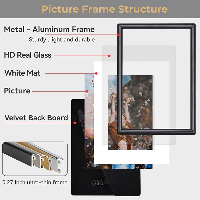 8.5x11 Picture Frame Set of 4, Matted Black Simple Modern Brushed Thin Aluminum Metal Photo Frame Fits 5x7 with Mat or 8.5 x 11 without Mat . Vertical and Horizontal for Tabletop and Wall