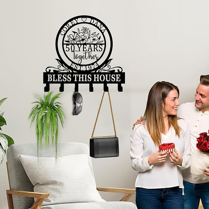 Personalized Key Holder for Wall Gifts for Parents 50th/30th/40th/60th/Every Anniversary Wedding Gifts for Couple Parent Husband Wife, Best Wedding Anniversary Custom Gifts, Custom Metal Key Hook