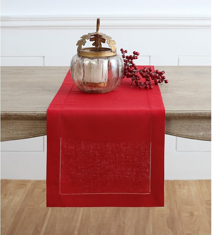Solino Home Linen Table Runner 90 Inches Long - 100% Pure Linen Red Table Runner 14 x 90 Inch for Christmas, Holiday - Classic Hemstitch