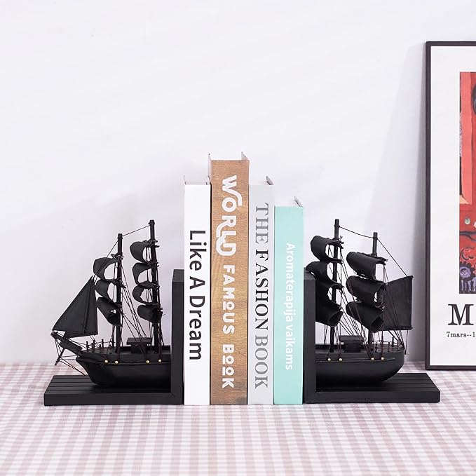 Wooden Ship bookends The Black Pearl Pirate 10" Prebuilt Caribbean Coastal Sailboat Decor Nautical Gift for Enthusiasts