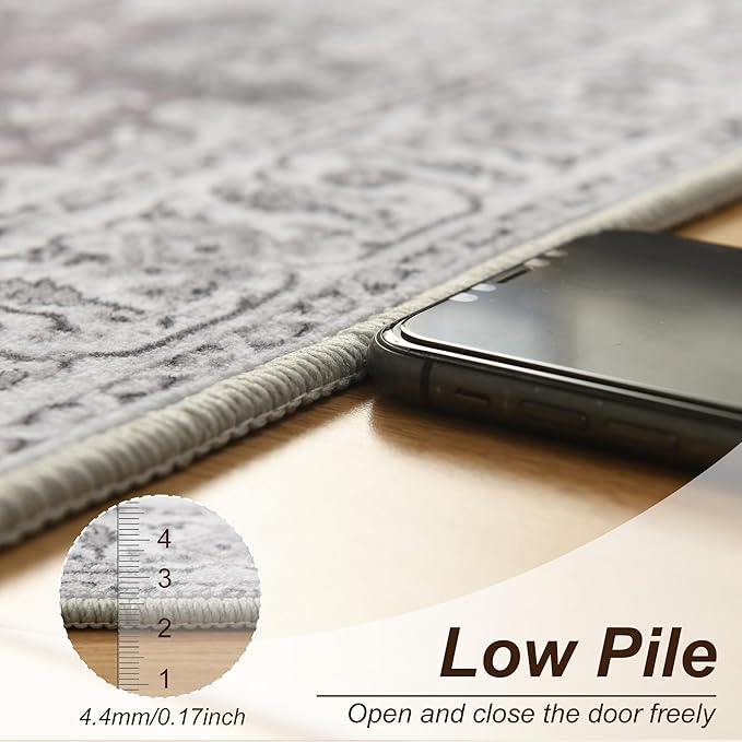 XWZO Runner Rug 2x10ft for Long Hallways, Washable Non-Slip Low Pile Area Rug with Rubber Backing, Spill Resistant Soft Vintage Floor Carpet for Kitchen Entryway Stair Landing Living Room, Grey