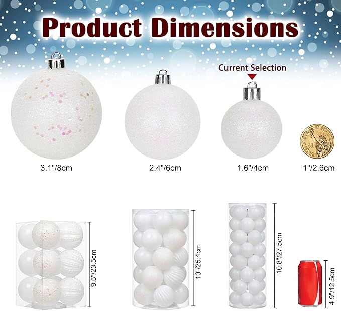 1.57" Pearl White Christmas Balls Ornaments 40 Pcs Shatterproof Christmas Ornaments Set Halloween Balls Ornaments White Ornament for Xmas Tree Holiday Party