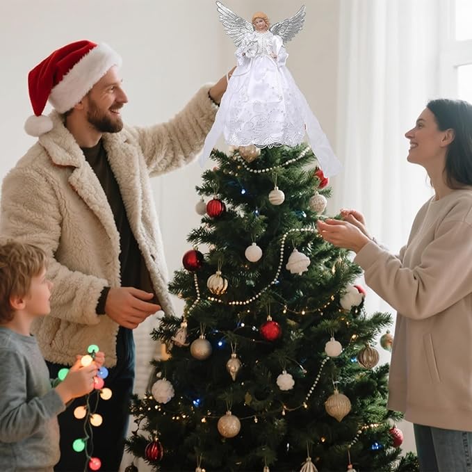 Vigdur Christmas Angel Tree Topper - 13Inch Lighted Angel Christmas Tree Topper Plug-in with LED Lights, Elegant Angel Christmas Decorations for Home Holiday Party Wedding Xmas Gifts