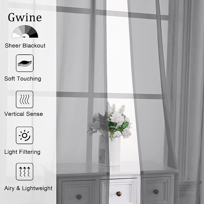 Gwine Charcoal Grey Sheer Curtains 90 Inches Long 2 Panels Set, Light Filtering Solid Filmy Drapes for Living Room Bedroom, Elegant Soft Rod Pocket Voile Sheer Window Curtains, 42Wx90L Inch, 2PCS