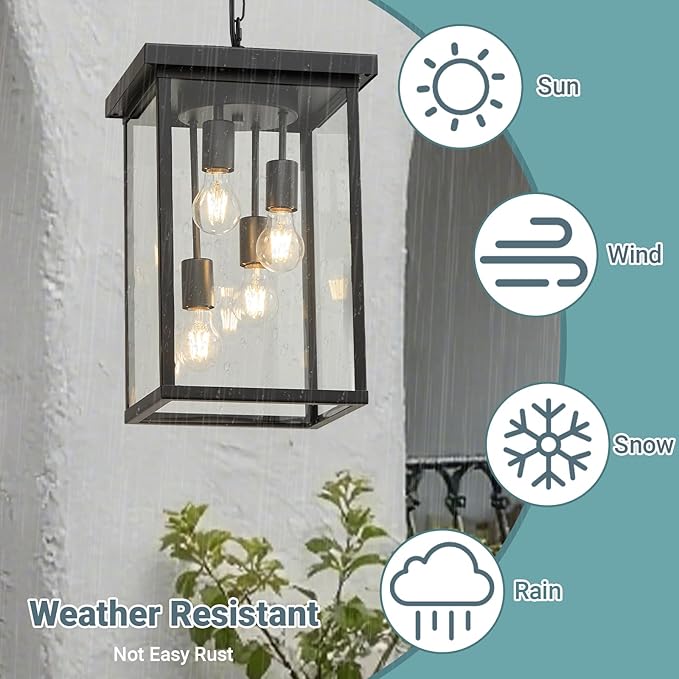 LOUSACE 16.7'' Black Outdoor Pendant Light 4-Light Large Outside Pendant Porch Lights Ceiling Haninging Outdoor Chandelier with Clear Glass Exterior Light Fixtures Lantern for Front Door Foyer Doorway