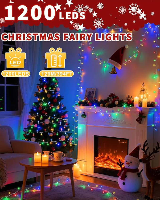 Christmas Lights String Outdoor Indoor, 1200 LED 403FT Multicolor Xmas Tree Decorations Lights, Plug in Twinkle Fairy Light with Remote Timer Dimmable for Room Yard Holiday Party Wedding Camping Decor
