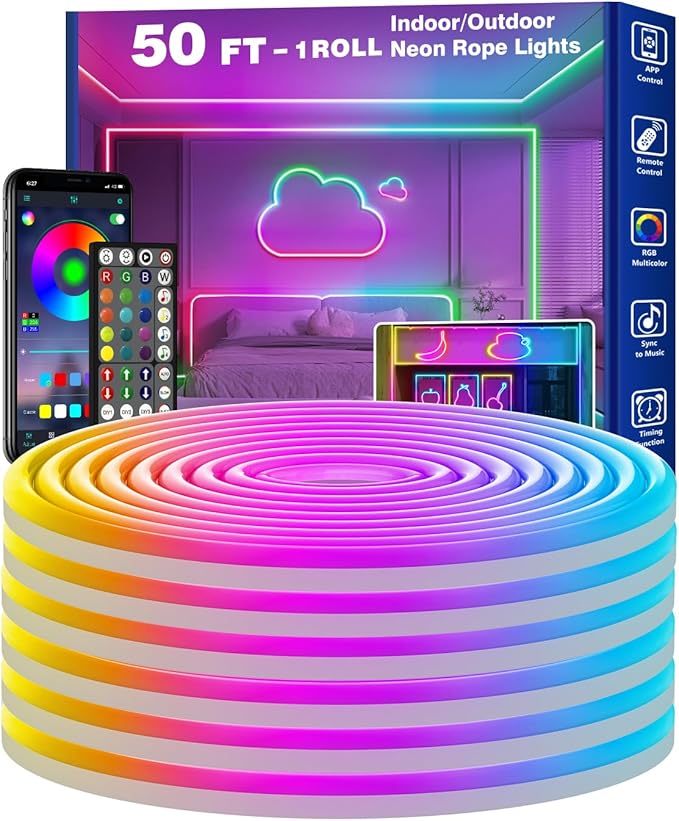 50Ft Neon Rope Lights,Flexible Led Rope Lights Control with App/Remote,Multiple Modes Music Sync Gaming RGB Led Neon Lights for Bedroom Outdoor