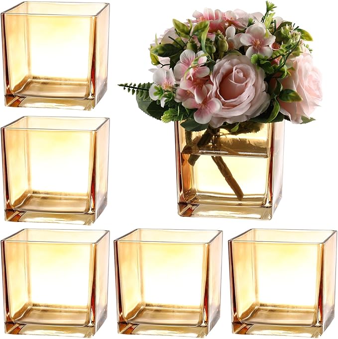 Square Amber Glass Vases Set of 6, 5" x 5" x 5" Flower Vases for Centerpieces, Square Vase for Centerpieces, Small Vase for Wedding, Party, Home Office Decoration