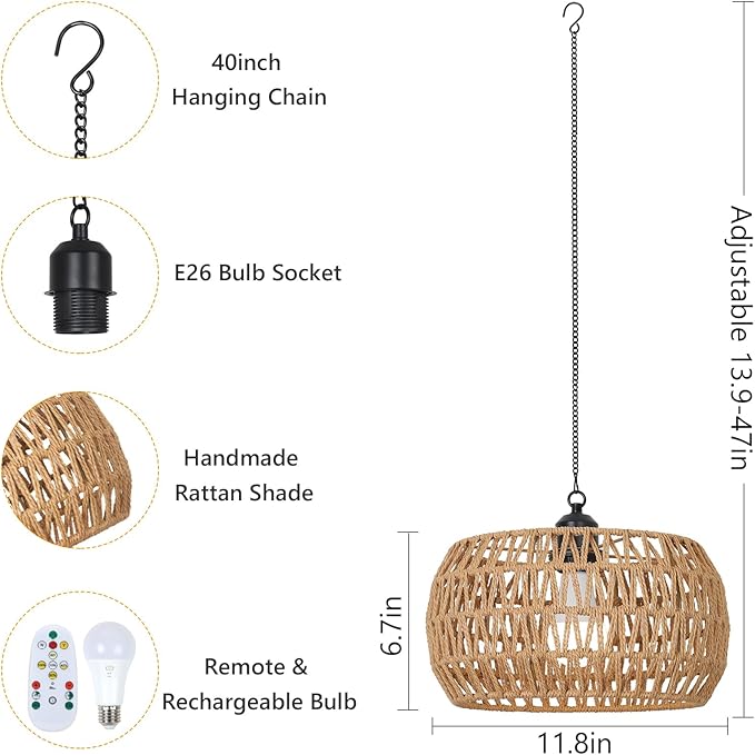 Battery Operated Chandelier with Remote, 11.8” Rattan Battery Powered Hanging Light for Porch, Rechargeable Outdoor Chandelier for Gazebo, Boho Cordless Pendant Light for Indoor Outdoor Patio