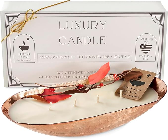 Dough Bowl Candle Co. Pumpkin Spice Candle - Copper Luxury Home Decor, 12x5x2 In. Fall Decorations for Home, Scented Candles for Autumn, Thanksgiving, or Halloween, Soy Candles in Pumpkin and Cinnamon
