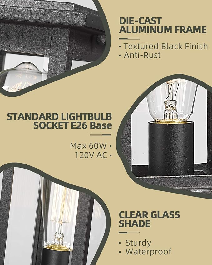Outdoor Post Light Fixtures, HWH Exterior Pillar Lantern Pole Lamp in Matte Black Finish with Clear Glass Shade, 5HD37P BK