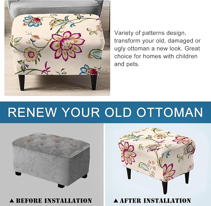 KRFOONN Stretch Ottoman Cover Slipcovers Rectangle Fit Length 27"-35" Footrest Stool Covers Printed Ottoman Cover for Foot Stool Furniture Protector with Non Slip Elastic Bottom, Color 20