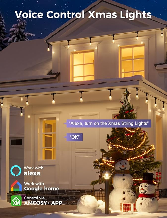 XMCOSY+ Smart Patio Lights 49Ft LED Outdoor String Lights Waterproof IP65, App Control, Compatible with Alexa, Dimmable Edison Bulbs Outdoor Light for Yard Porch Bistro Outside