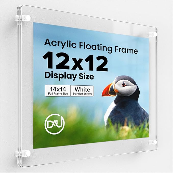 Acrylic Floating Frames White Standoffs (single) 12" x 12" Clear Acrylic Frames for Wall Mount Floating Picture Frame, Diploma Poster Certificate Hanging Photo Display Degree Prints Artwork Documents
