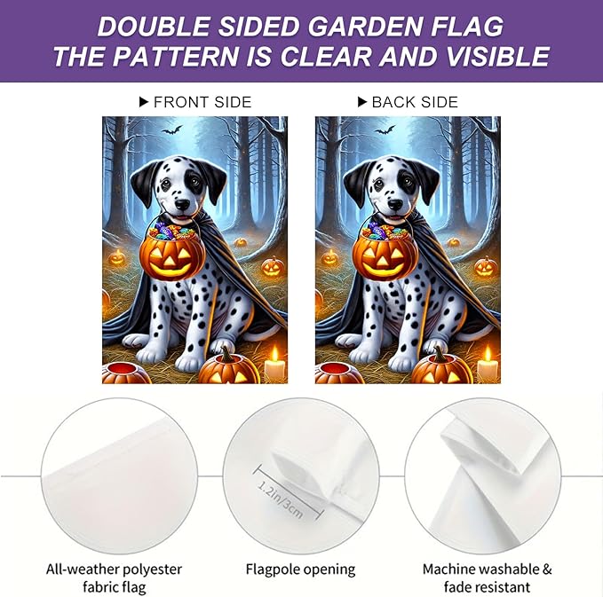 Halloween Dog Garden Flag 12x18 Inch Dalmatian Tia Pumpkin Candy Basket Fall Yard Flag Double Sided Trick or Treat Banner for Porch Lawn Outdoor Holiday Halloween Decoration