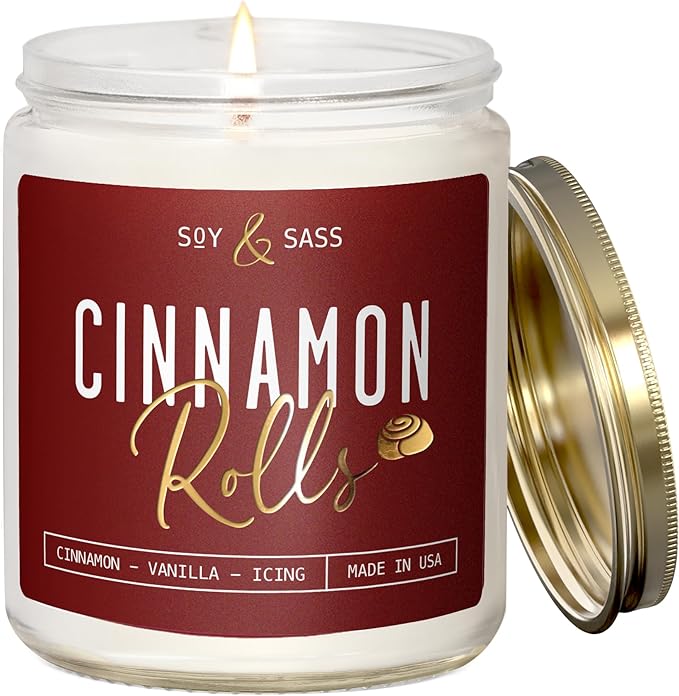 Cinnamon Candle, Fall Candles, Christmas Candles - 'Cinnamon Rolls' Autumn Scented Soy Candle for Home, 9oz Reusable Jar, 50Hr Burn, Made in USA