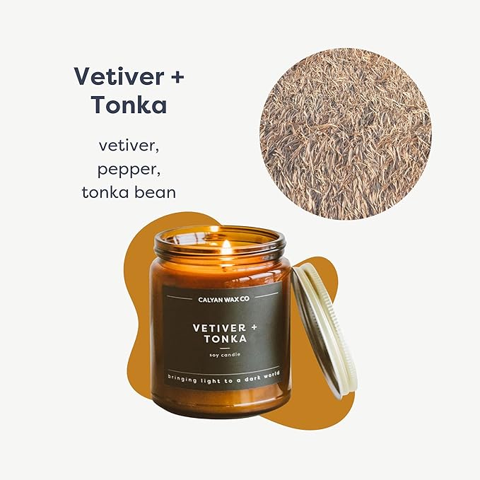 Calyan Wax Co. Vetiver & Tonka Scented Candle - 57 Hour Burn - Luxury Non Toxic Soy Wax Candles - Long Lasting Amber Glass Jar Candle for Home - 7.2oz