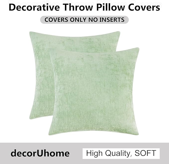 decorUhome Chenille Sage Green Christmas Throw Pillow Covers 24x24 Inch Set of 2, Decorative Soft Couch Pillow Covers Solid Dyed Accent Farmhouse Neutral Square Pillow Cases for Sofa