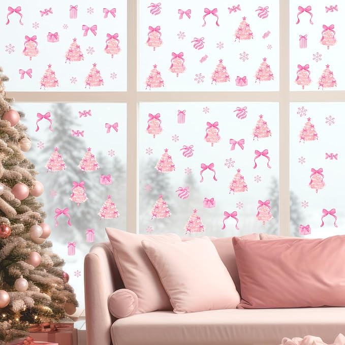 Pink Christmas Wall Stickers Xmas Tree Wall Decals Peel and Stick Bow Sticker for Walls Decoration Indoor Bowtie Decals for Crafts Snowflakes Coquette Art Murals for Girls Bedroom Living Room Decor