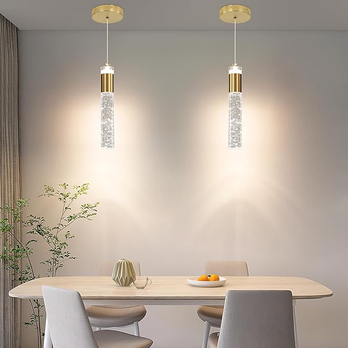 3 Pack Modern Kitchen Island Pendant Lights, Gold Bubble Crystal Ceiling Hanging Light, 3 Color 2700K/4500K/6500K, Mini Linear LED Chandelier Lighting for Dining Room, Bedroom, Bar, Hallway, Bedside