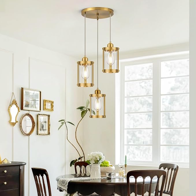 3-Light Pendant Lighting, Brushed Gold Dining Room Chandelier Light Fixture Over Table with Clear Glass, Modern Cluster Hanging Lights for Kitchen Island Sink, OS-3014-3BG