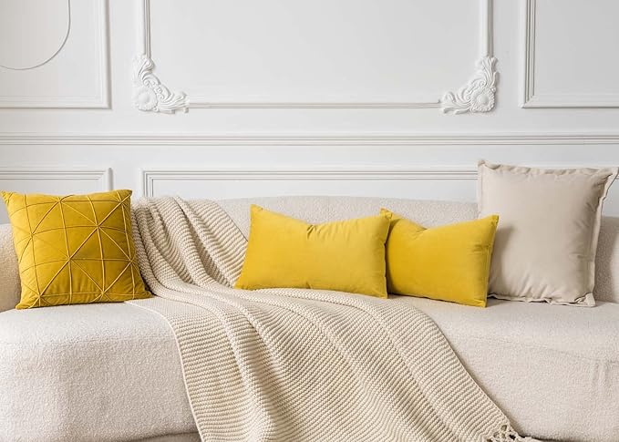 JUSPURBET Yellow Lumbar Velvet Throw Pillow Covers 16x24 inch Set of 2 for Living Room Couch Sofa Bedroom Decorative Rectangle Solid Soft Cushion Cases with Invisible Zipper