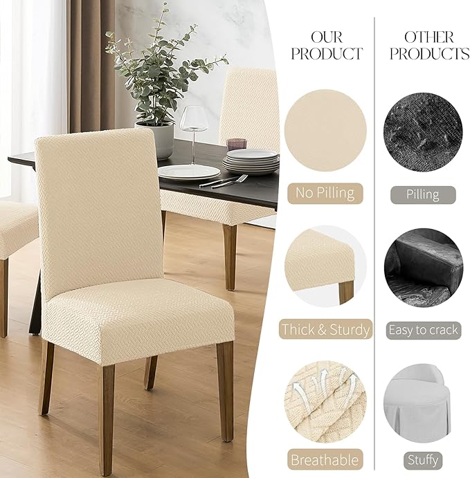 MOSAYT 100% Waterproof Dining Room Chair Covers Set of 4, Super Fit Stretch Jacquard Parson Chairs Slipcovers Removable Washable Chair Seat Protectors for Home, Kitchen, Banquet (Beige - XL)