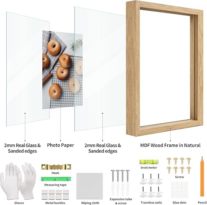 10x10 Floating Picture Frame Set of 2, Double Glass Photo Frame Wooden Frame for Wall Mount or Tabletop Displays for 5x7, 6x8, 7x9 inch Pictures, Plane Edge Frames, Natural