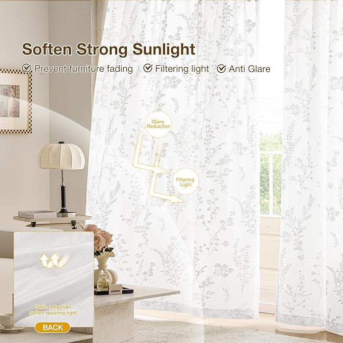 Anmao White Semi Sheer Light Filtering Curtains 102 Inches Long 2 Panels, Flower Pattern Drapes for Living Room Bedroom, Rod Pocket Sheer Window Treatments with Floral Design, 52x102 Inch