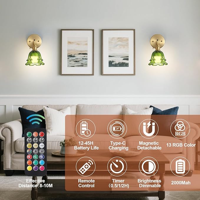 2 Pack Vintage Battery Operated Wall Sconces, Rose Green Lampshade & 180 Degree Adjustable, Wireless Rechargeable RGB Wall Light with Remote Control, for Bedroom Living Room Hallway Aisle