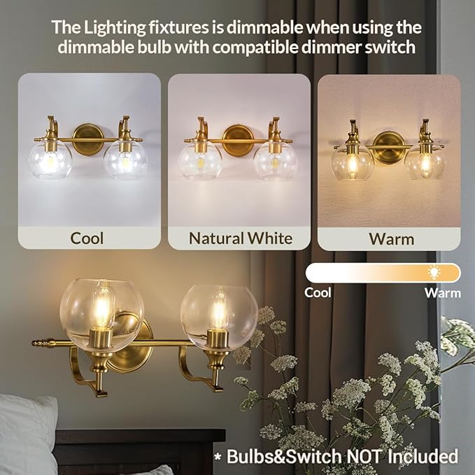 ANDY STAR Gold Bathroom Light Fixtures, 2-Light Brass Vanity Light, Modern Sconces with Globe Clear Lampshade, Farmhouse Bathroom Lighting Fixtures Over Mirror with Metal Lamp Body, E26 Base