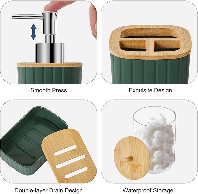 Bathroom Accessories Set - 22PCS Bathroom Set with Shower Curtain, Trash Can, Toilet Brush Holder Set & Soap Dispenser – Stylish & Functional Bath Decor for Home, Apartment, Green