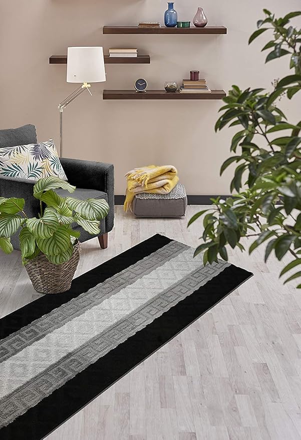 Custom Size Hallway Runner Rug, Slip Resistant, 26 Inch Wide X Your Choice of Length, Meander Black, 26 Inch X 7 feet
