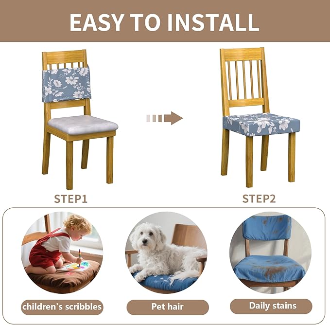 Stretch Dining Chair Seat Covers Set of 2,Dining Chair Slipcovers, Floral Printed Chair Covers,Soft Fabric Washable Upholstered Chair Seat Protector, No Rear Covers for Home Kitchen Dining Room