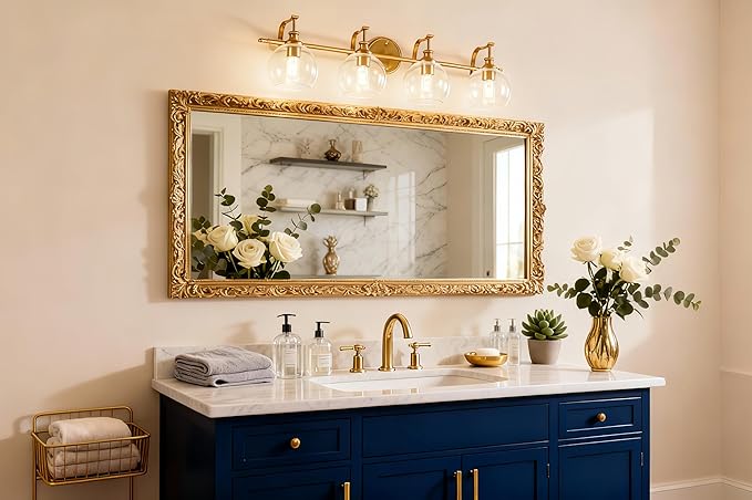 ANDY STAR Brass Vanity Light, Gold Bathroom Light Fixtures 4 Lights, 27.8 Inch Vintage Bathroom Sconces, Brushed Brass Vanity Lighting with Globe Clear Glass Shade, E26 Base (Bulbs Not Included)