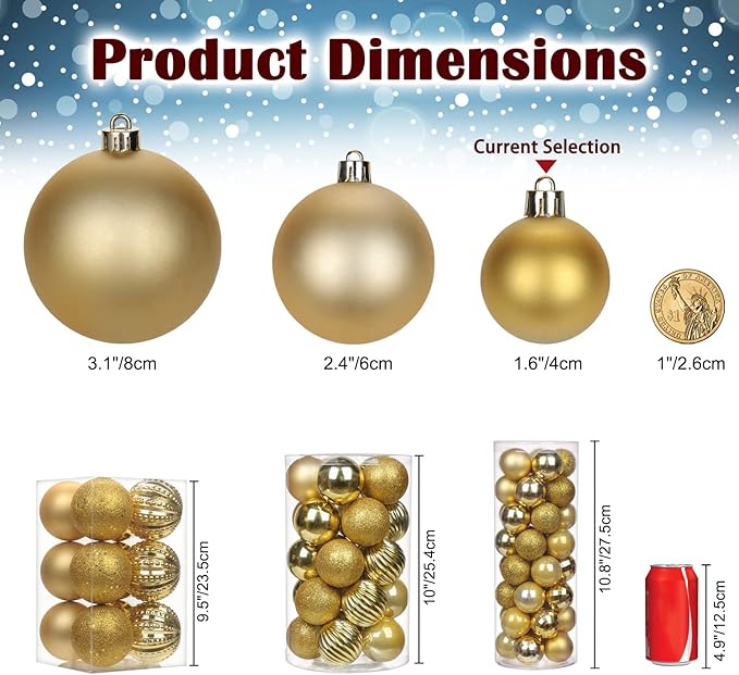 1.57" Gold Christmas Balls Ornaments 40 Pcs Shatterproof Christmas Ornaments Set Small Halloween Gold Ornament for Xmas Tree Holiday Party