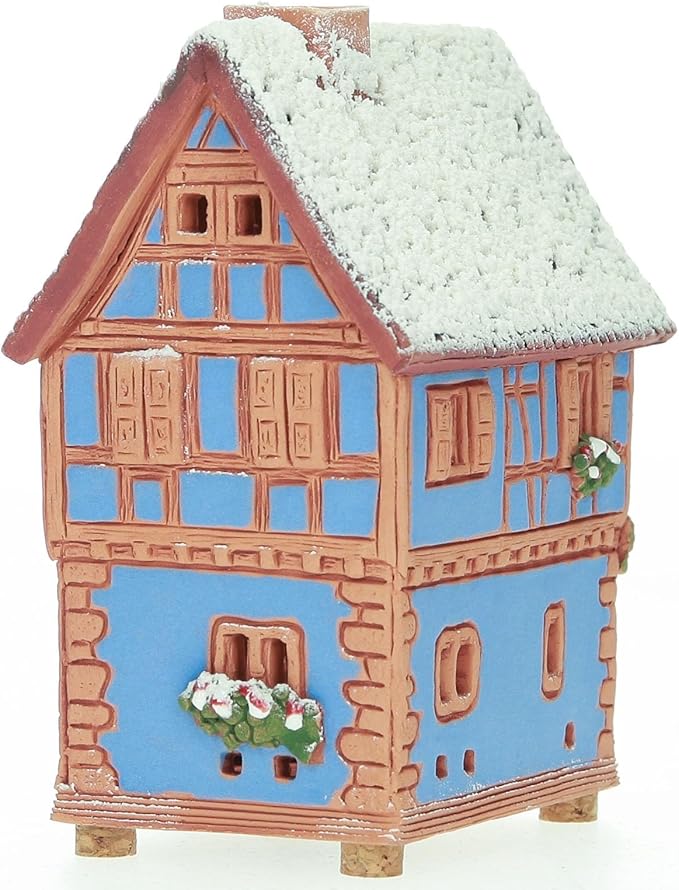 Ceramic Houses and Villages Collection - Handmade Christmas Village House Miniature of Historical House in Riquewihr, Alsace, France, Winter Edition - Cone Incense Holder R231