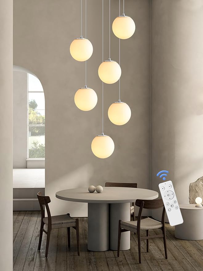 6-Light Silver Chandelier with White Globe Glass Dimmable Ceiling Light Glass Pendant Light for Kitchen Island, Dining Room, Living Room, Entry Hallway, LED Bulbs Included