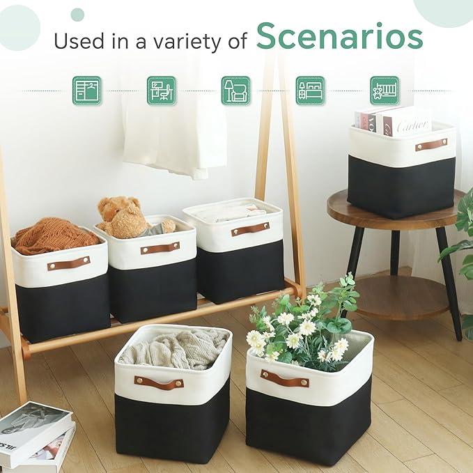 Cube Storage Baskets 6 Pack, 11x11 inch Cube Storage Bins with Leather Handles for Shelf Closet (White/ Black)