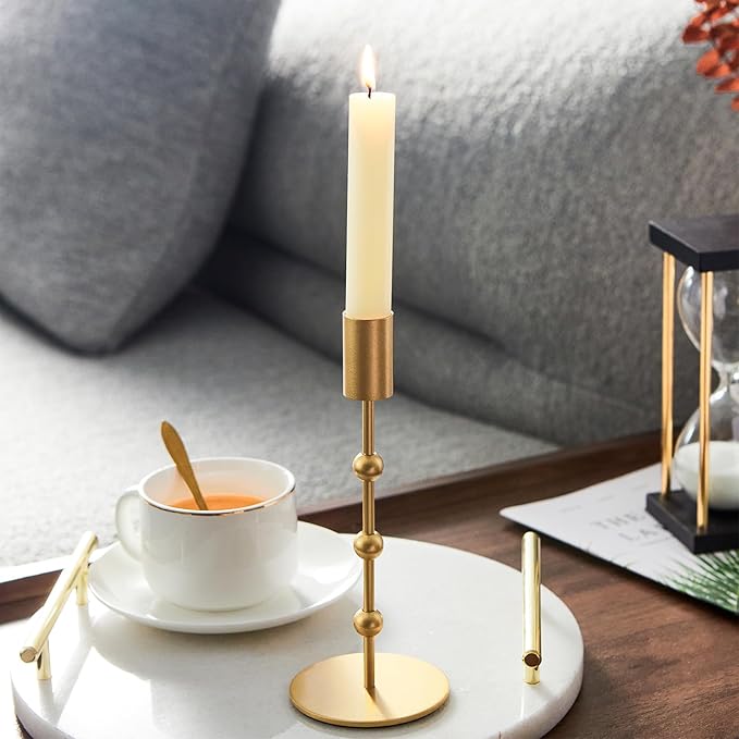 DN DECONATION Gold Candle Holders, Vintage Metal Beaded Taper Candlestick Holders Set of 3 for Wedding, Home Decor, Pillar Candle Sticks Holder Fall Decor for Halloween Table Centerpieces