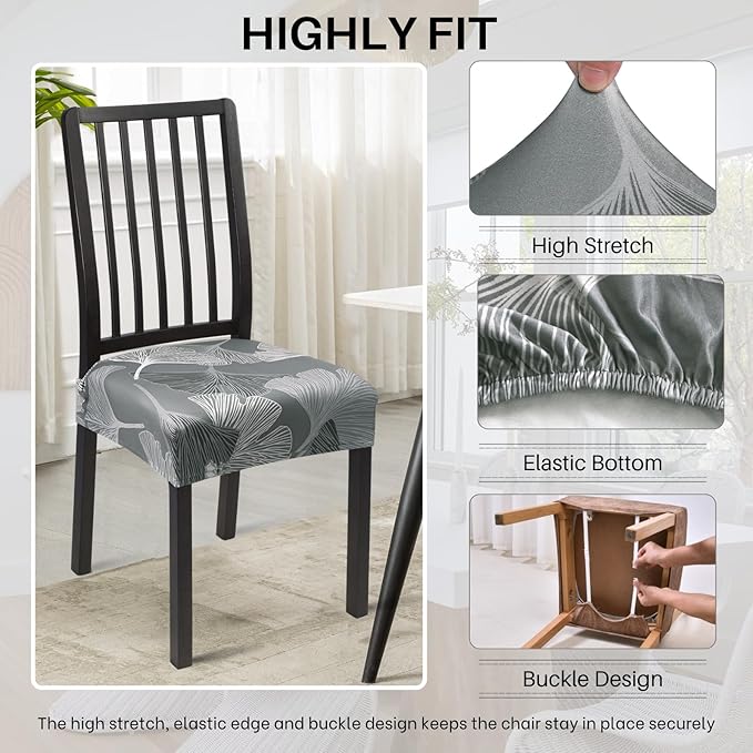 SearchI Stretch Dining Chair Seat Covers Set of 4, Soft Removable Washable Seat Covers for Dining Chairs, Dining Room Seat Cover Protector (Rear-Covered, Green Foliage)