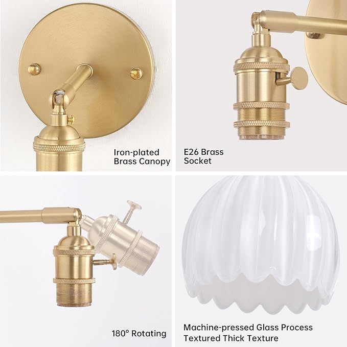 Vintage Battery Operated Wall Sconce with White Tulip Glass Lampshade 5000 mAh Rechargeable Battery Powered Wall Light with Remote Control for Bedside Bedroom Doorway, Set of 2