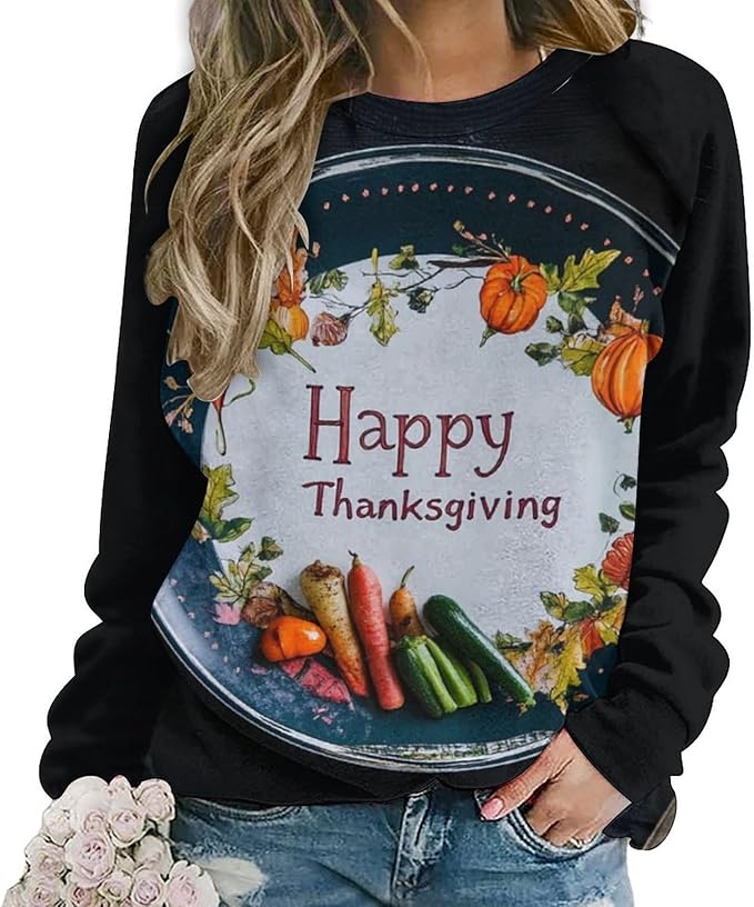 Thanksgiving Sweatshirt for Women Crewneck Pullover Casual Graphic Long Sleeve Shirts Sweater