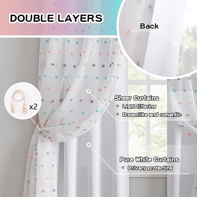 MYSKY HOME White Curtains for Girls Bedroom Rainbow Pom Pom Sheer Curtain 63 Inches Length Thermal Insulated Nursery Curtains Room Darkening Short Kitchen Drapes Grommet, 52" x 63", 2 Panels