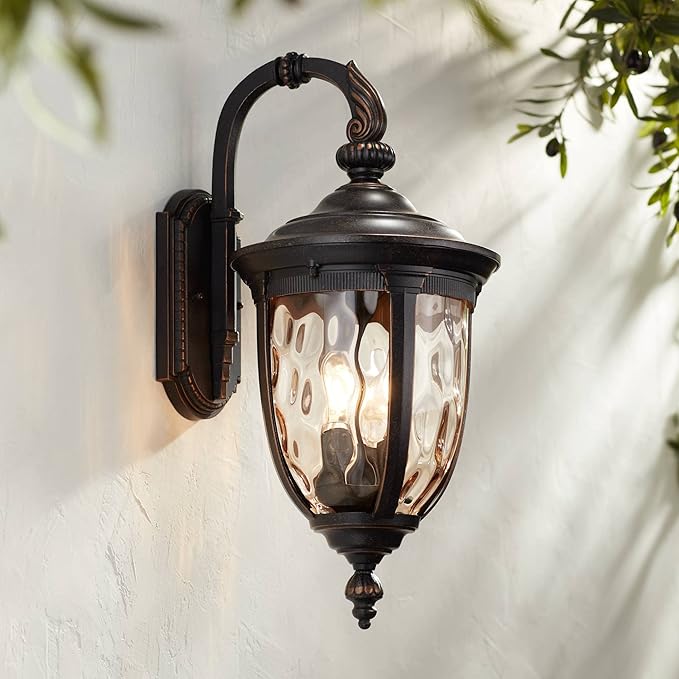 John Timberland Bellagio Vintage Outdoor Wall Light Fixture Bronze Brown Metal 20 1/2" Champagne Hammered Glass Curved Arm for House Porch Patio Outside Deck Garage Yard Front Door Garden Home