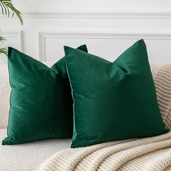 JUSPURBET Dark Green Throw Pillow Covers Set of 2 Decorative Velvet Pillow Covers for Couch Sofa Bed Soft Euro Cushion Covers Cases with Invisible Zipper for Living Room Home Decor 28x28 inch