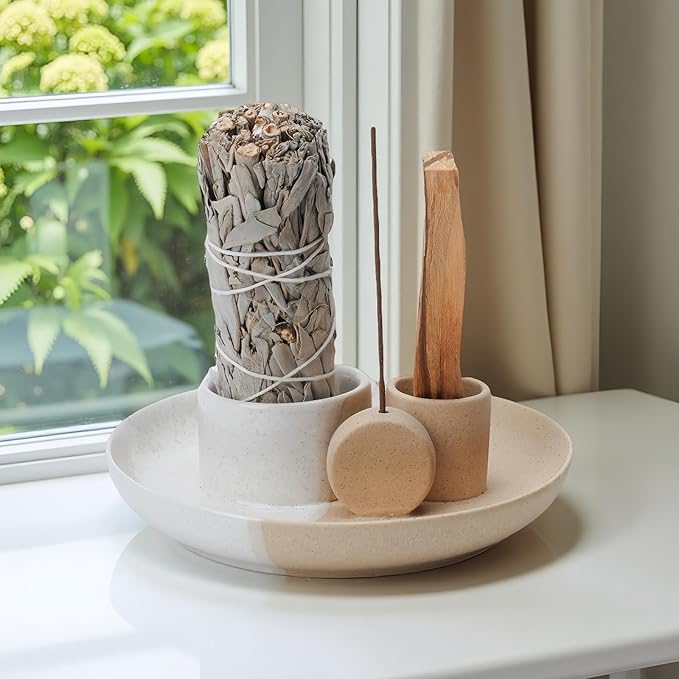4 in 1 Incense Holder, Ceramic Incense Stick and Palo Santo Holder,Sage Holder for Burning- 5.5" Ceramic Ash Catcher Tray for Meditation and Yoga Room (Sun White Sand)