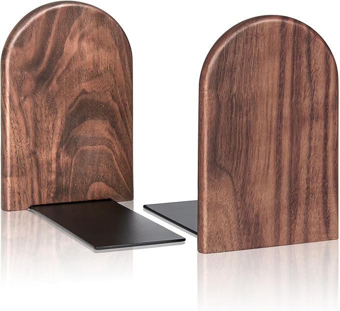 Book Ends, 1Pairs Walnut Heavy Duty Bookends, Holds Heavy Books, Non-Skid, Perfect for Office Desk