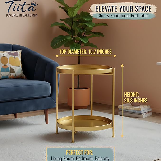 Tiita Round End Table Mental 2-Tier Side Table Nightstand/Small Iron Tables Accent Coffee Table for Living Room Bedroom Office Small Space
